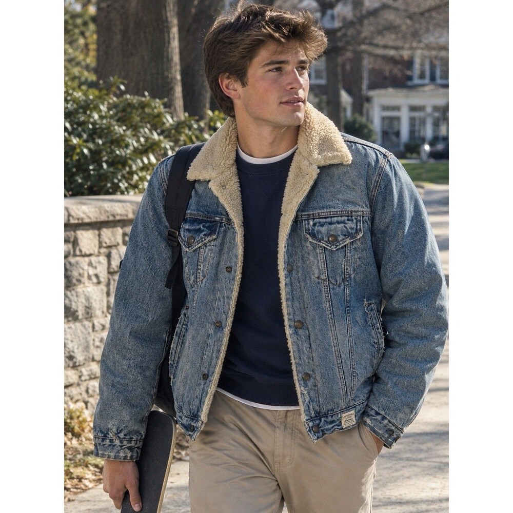 VTG Abercrombie & Fitch Denim Jacket Mens LG Sherpa Fleece Lined Trucker Y2K